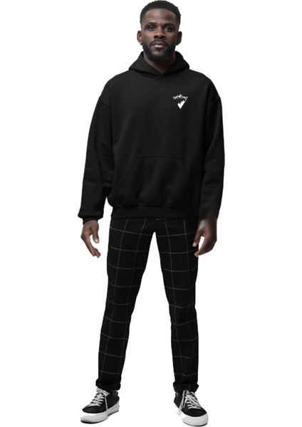 Dağ ve Orman Minimal Baskılı Kalın Pamuklu Oversize Siyah Sweatshirt