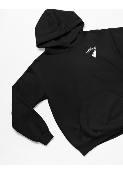 Dağ ve Orman Minimal Baskılı Kalın Pamuklu Oversize Siyah Sweatshirt
