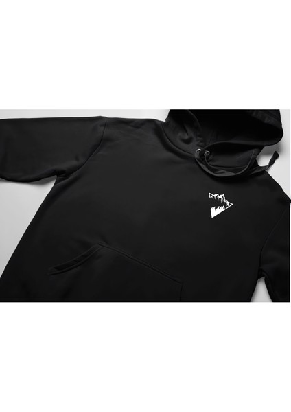 Dağ ve Orman Minimal Baskılı Kalın Pamuklu Oversize Siyah Sweatshirt