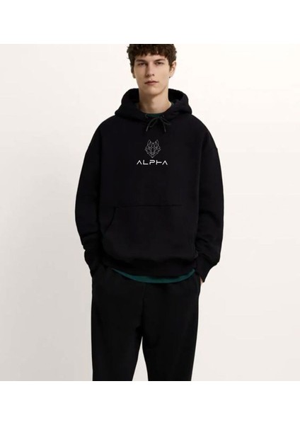 Alpha Kurt Baskılı Kalın Pamuklu Oversize Siyah Sweatshirt