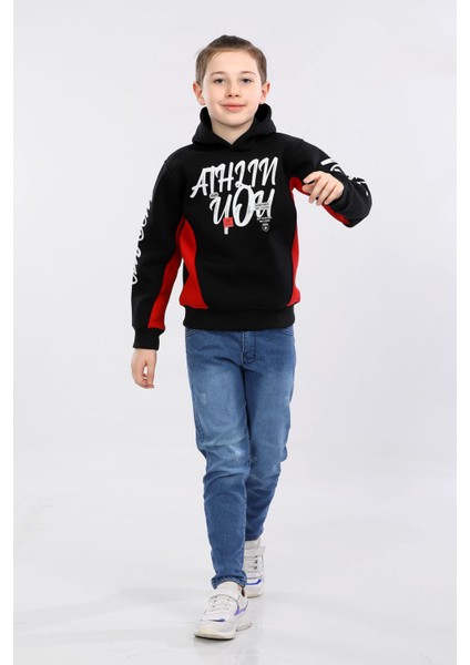 Kapüşonlu 3 Ip Kışlık Erkek Çocuk Baskılı Kalın Sweatshirt Siyah MRN7014