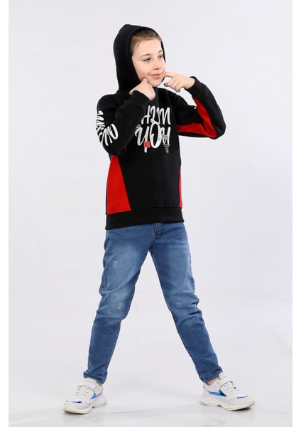 Kapüşonlu 3 Ip Kışlık Erkek Çocuk Baskılı Kalın Sweatshirt Siyah MRN7014 fiyatları