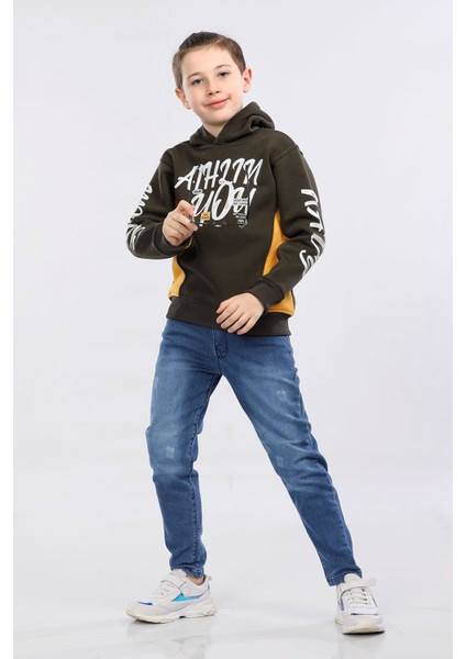 Kapüşonlu 3 Ip Kışlık Erkek Çocuk Baskılı Kalın Sweatshirt Haki MRN7013