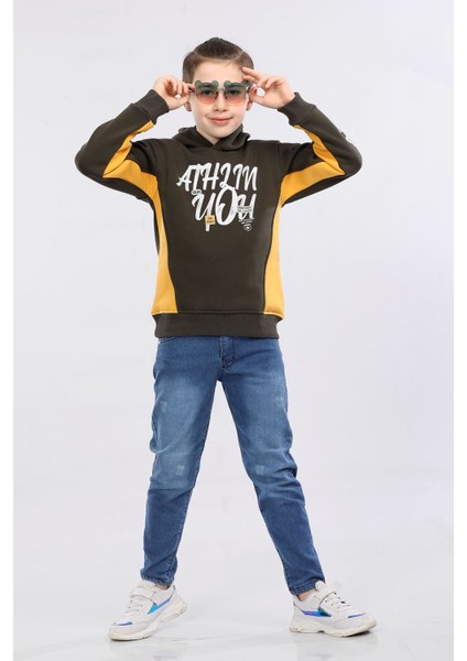 Kapüşonlu 3 Ip Kışlık Erkek Çocuk Baskılı Kalın Sweatshirt Haki MRN7013 fiyatları