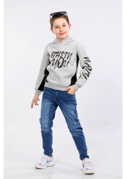 Kapüşonlu 3 Ip Kışlık Erkek Çocuk Baskılı Kalın Sweatshirt Gri MRN7014