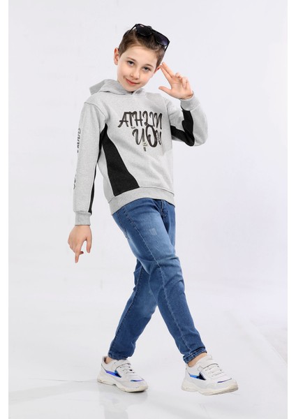 Kapüşonlu 3 Ip Kışlık Erkek Çocuk Baskılı Kalın Sweatshirt Gri MRN7014 fiyatları