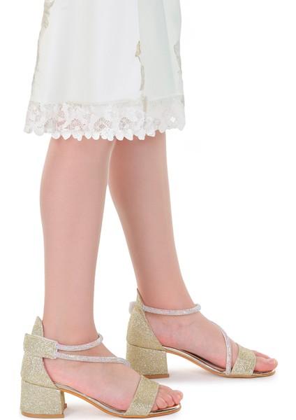 Pisar Günlük Kız Çocuk 5 cm Topuklu Sandalet Abiye Ayakkabı Altın