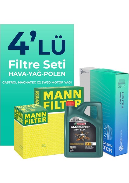 MANN Mercedes C180 Kompresör 1.8 Benzin Filtre Bakım Seti Castrol Motor Yağlı (2008-2014) 4 Lü
