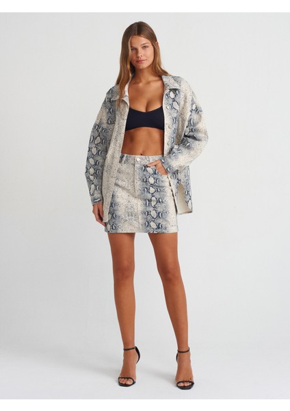 80572 Yılan Baskılı Mini Denim Etek-Ekru