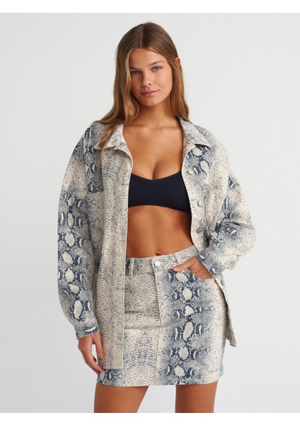 80572 Yılan Baskılı Mini Denim Etek-Ekru modelleri