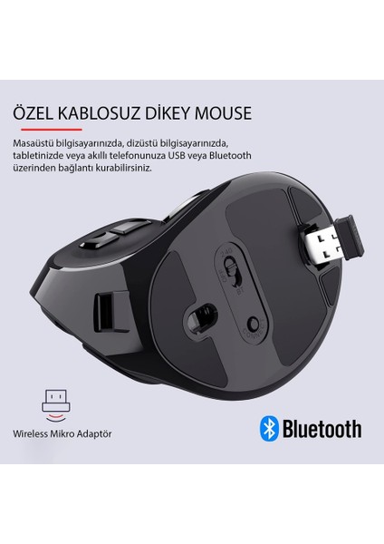 Bluetooth+2.4g Kablosuz Dikey Ergonomik Şarj Edilebilir Sessiz Mouse