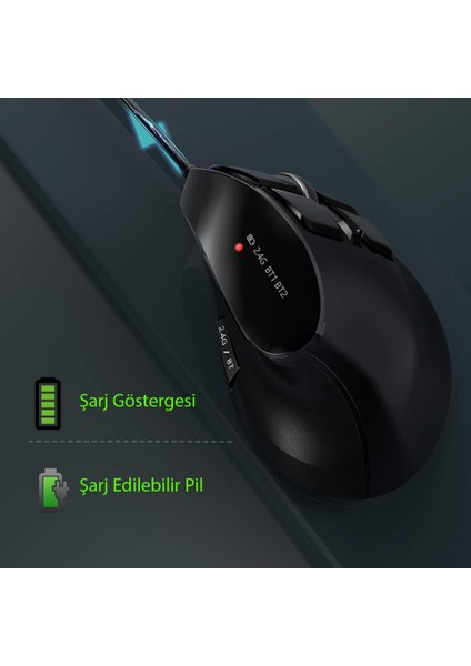 Bluetooth+2.4g Kablosuz Dikey Ergonomik Şarj Edilebilir Sessiz Mouse