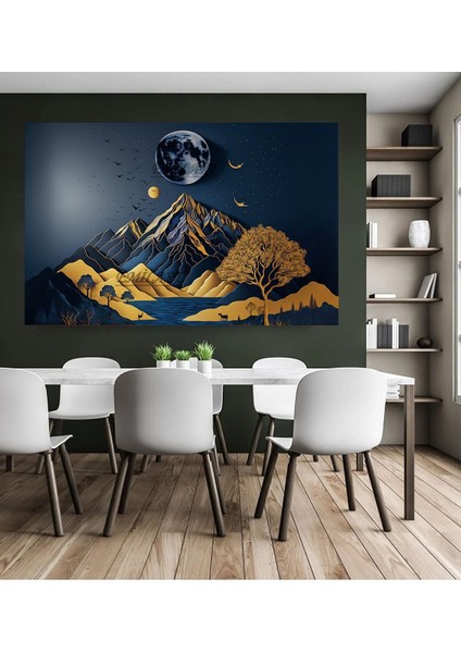 3D Görünümlü Modern Mavi Gold Dağ Hd Hd Baskı Kanvas Tablo