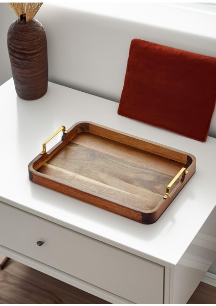 NTR0005 Natura Metal Kollu Akasya Tepsi 38X28 cm