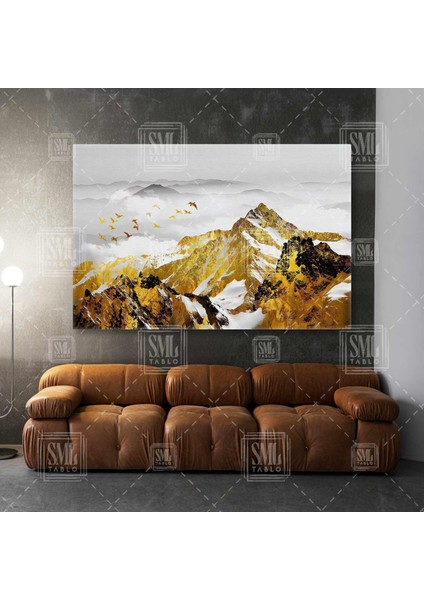 Altın Dağlar Etrafından Uçan Gold Kuşlar Sisli Doğa Manzarası Modern Yatay Kanvas Tablo
