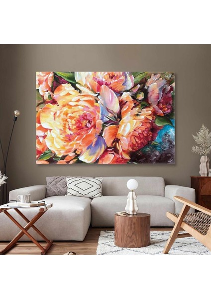 Turuncu Çiçek Demeti Yağlı Boya Efekti Dekoratif Yatay Hd Baskı Kanvas Tablo