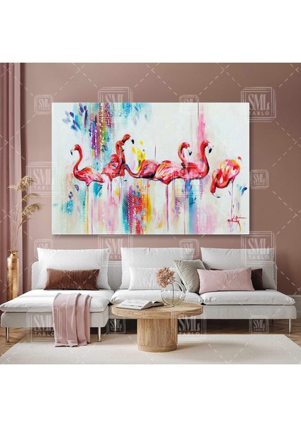 Pembe Flamingo Sürüsü Allı Turna Kuşu Sevimli Hayvan Yatay Kanvas Tablo