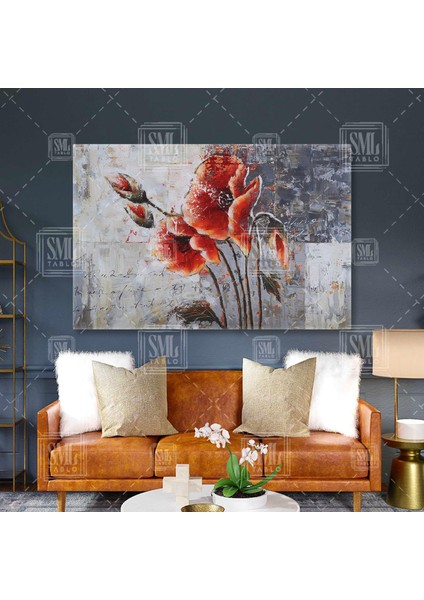 Kırmızı Gelincik Çiçeği Kırmızıdekoratif Çiçek Soyut Dekoratif Yatay Kanvas Tablo