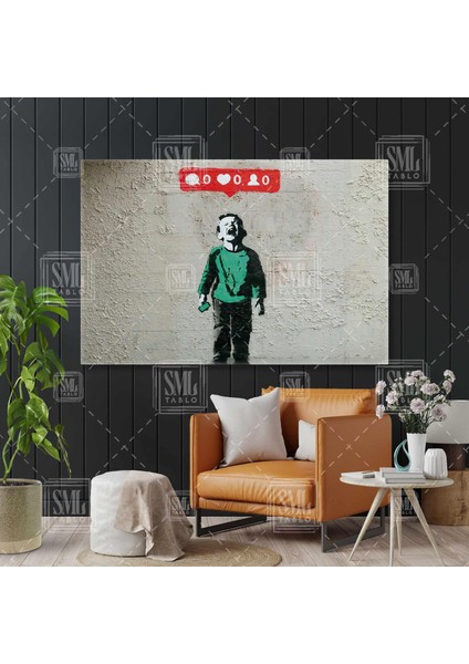 Elinde Telefonuyla Ağlayan Çocuk Banksy Duvar Sanatı Grafitti Yatay Kanvas Tablo