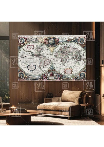 Nona Totivs Vintage Eskitme Dünya Haritası Coğrafya Harita Yatay Kanvas Tablo