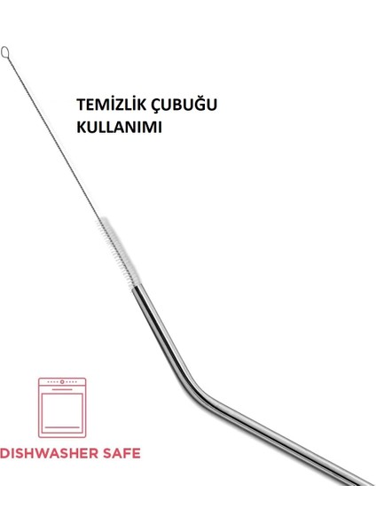 Çelik Pipet Paslanmaz Çelik Metal Meşrubat Pipeti ve Pipet Temizleme Fırçası Seti 5 Parça