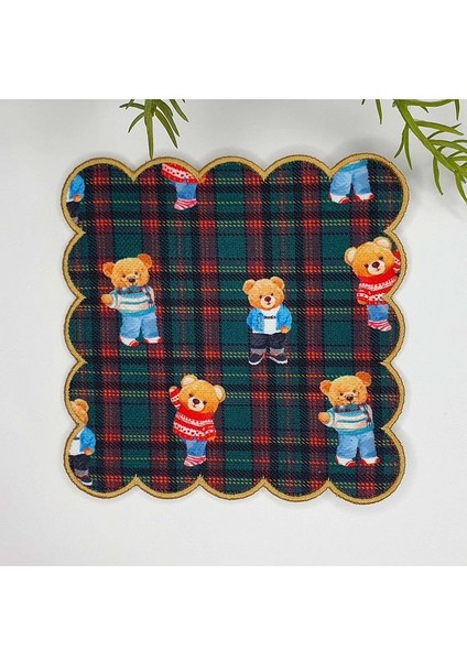 Yeşil Ekose Zemin Ayıcıklı Dijital Baskılı Kenarı Nakışlı Kokteyl Peçetesi