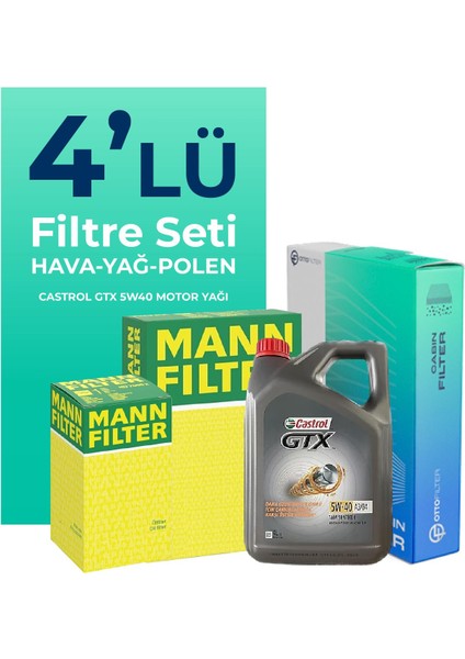 MANN Fiat Linea 1.4 T-Jet Benzin Filtre Bakım Seti Castrol Motor Yağlı (2009-2017) 4 Lü