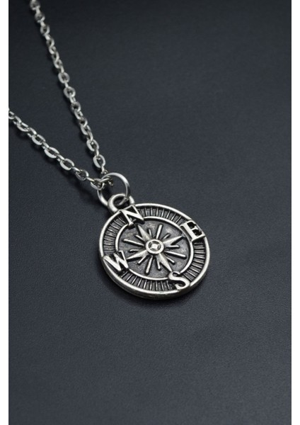 Minimal Pusula Gümüş Kaplama Unisex Düz Zincir Kolye kod 764