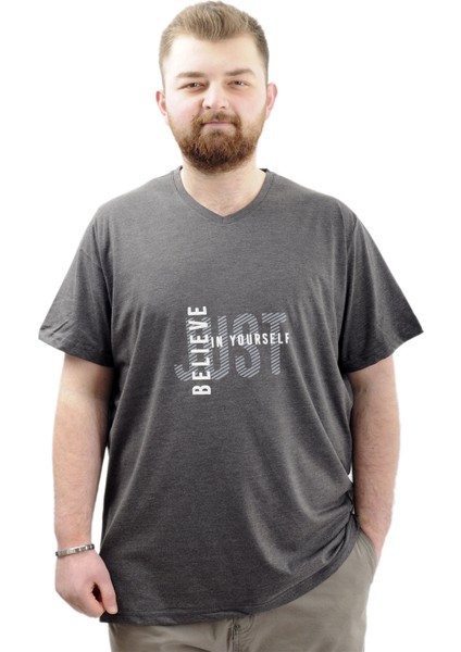 Mode Xl Büyük Beden Erkek T-Shirt V Yaka Baskılı Belıeve U24054 Antrasit