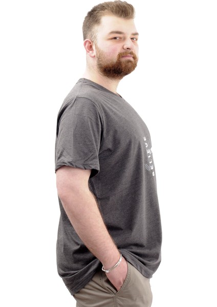 Mode Xl Büyük Beden Erkek T-Shirt V Yaka Baskılı Belıeve U24054 Antrasit modelleri