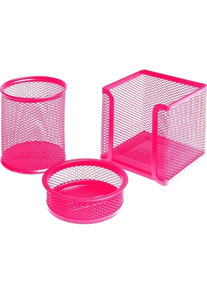 | Metal Masa Düzenleyici 3'lü Set, Kaydırmaz Tabanlı ve Metalden Kalemlik - Kağıtlık - Ataşlık Pembe