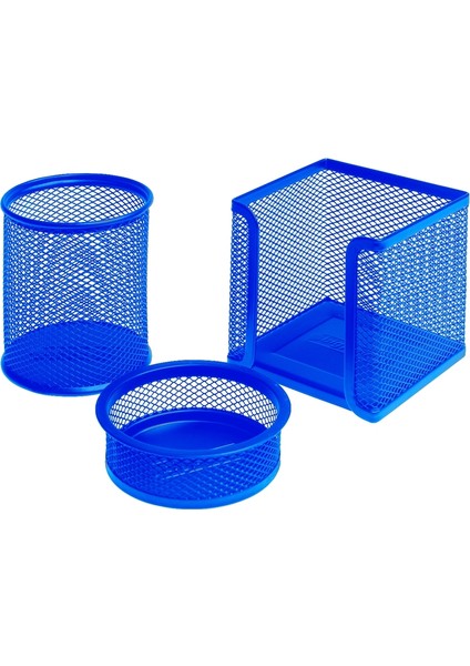 Metal Masa Düzenleyici 3'lü Set Kaydırmaz Tabanlı ve Metalden Kalemlik Kağıtlık Ataşlık Mavi