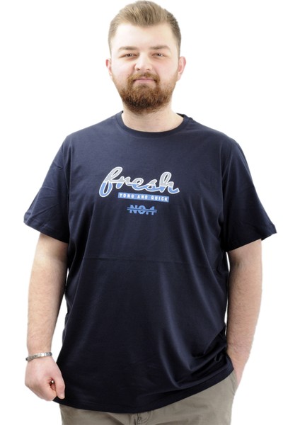 Büyük Beden Erkek T-Shirt Bisiklet Yaka Baskılı Fresh U24059 Lacivert