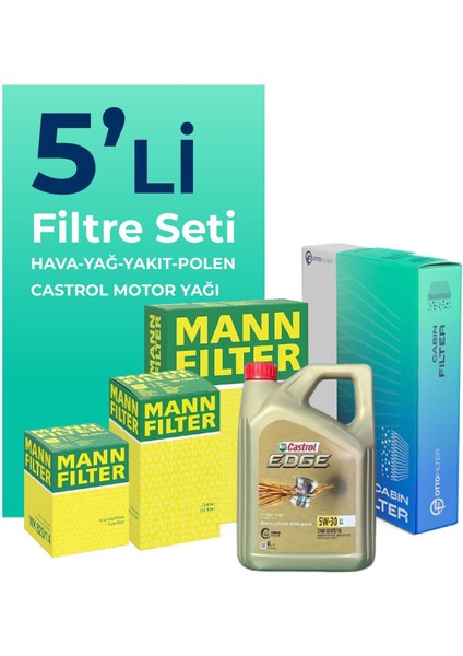 MANN Volkswagen Transporter T6 2.0 Dizel Filtre Bakım Seti Castrol Motor Yağlı (2015-2023) 5 Li