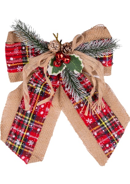 Yılbaşı Ağaç Süsü Yılbaşı Dekorlu Fiyonk Ekoseli Kırmızı 25x19 Cm.