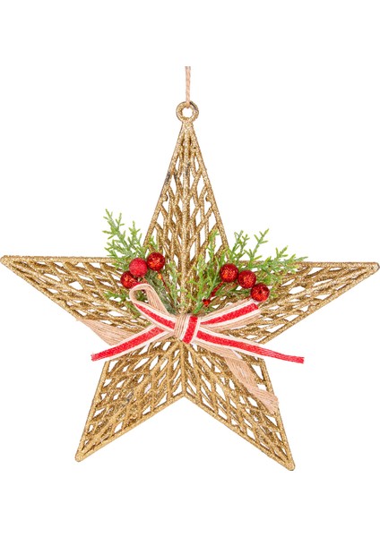Yılbaşı Süsü Yılbaşı Dekorlu Yıldız Fiyonklu Berryli Gold 28X29 Cm.