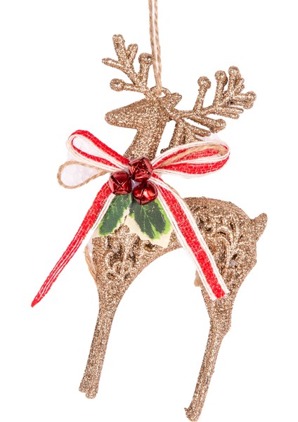 Yılbaşı Ağaç Süsü Yılbaşı Dekorlu Simli Geyik Gold 8X16 Cm.