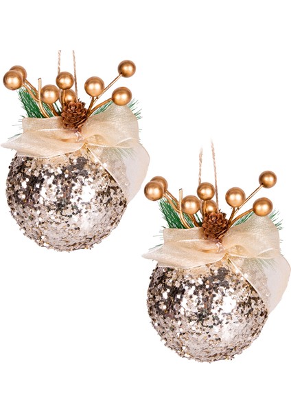 Yılbaşı Süsü Yılbaşı Dekorlu Yılbaşı Topu 2'li Set Şampanya 10 Cm.