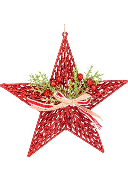 Yılbaşı Süsü Yılbaşı Dekorlu Yıldız Fiyonklu Berryli Kırmızı 25x25 Cm