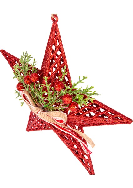 Yılbaşı Süsü Yılbaşı Dekorlu Yıldız Fiyonklu Berryli Kırmızı 25x25 Cm modelleri