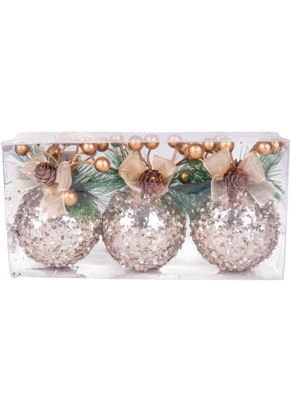 Yılbaşı Ağaç Süsü Yılbaşı Topu 3'lü Set Şampanya 8 Cm.