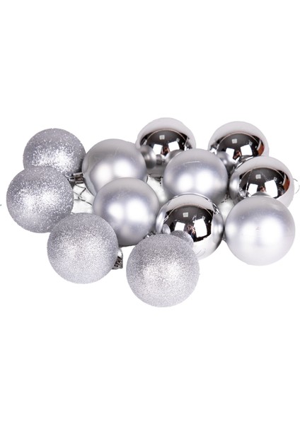 Yılbaşı Topu Simli Mat Parlak 12'li Set Gümüş 6 Cm.