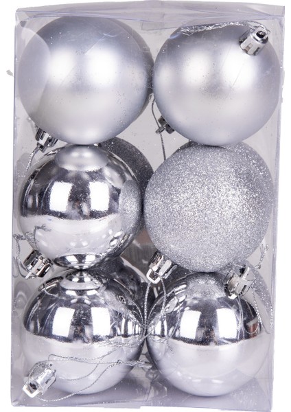 Yılbaşı Topu Simli Mat Parlak 12'li Set Gümüş 6 Cm. modelleri