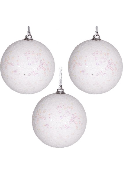 Yılbaşı Topu Pembe Parlak Yıldız Desenli 3'lü Set Beyaz 7 Cm.