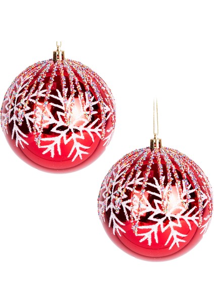 Yılbaşı Topu Renkli Pullu Beyaz Kar Taneli 2'li Paket Kırmızı 10 Cm.