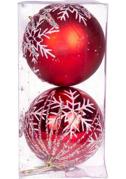 Yılbaşı Topu Renkli Pullu Beyaz Kar Taneli 2'li Paket Kırmızı 10 Cm. modelleri