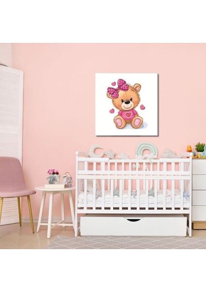 Dekoratif Kare Kanvas Kız Çocuk Odası Pembe Kalpli Ayıcık Tablosu