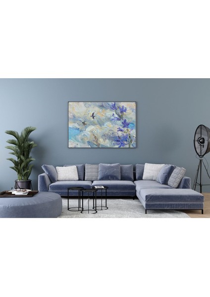 Yağlı Boya Görünümlü Mavi Çiçekler Dekoratif Hd Baskı Kanvas Tablo