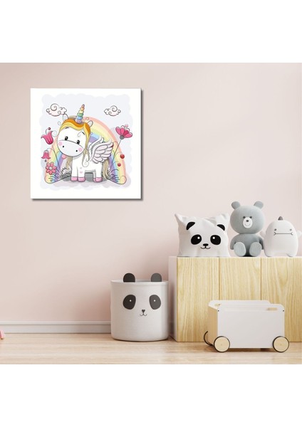 Dekoratif Kare Kanvas Kız Çocuk Odası Gökkuşağı ve Unicorn Tablo
