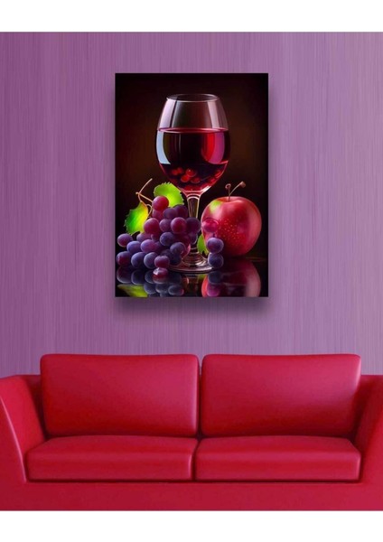 Meyve Görselli ve Şarap Dolu Su Bardağı Içerikli Kafeterya Mutfak Kafelere Asmalık Hd Baskı Kanvas Tablo